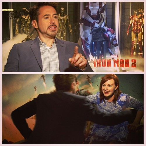 Awkward moments with Alicia: Robert Downey Jr: “Wow, I’m so glad you noticed that. You think you’re going to get the same boring crap at three press junkets…”
Me: “How about a hug?”
RDJ: (pauses for what seems like an eternity) “Ummmm… Yes. Come here you get a hug!”
He doesn’t usually shake hands or anything, so this was a good way to end my 2 minute (no joke) interview! #IronMan3 #RDJ