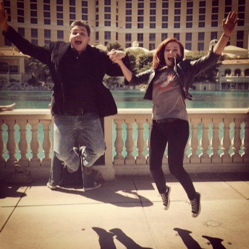 Jumping around the world with friends: Vegas with @staxIGN. Wooooooooo #jumpleashjump I kinda look like I’m falling backwards but impressed with Jim’s jump height!